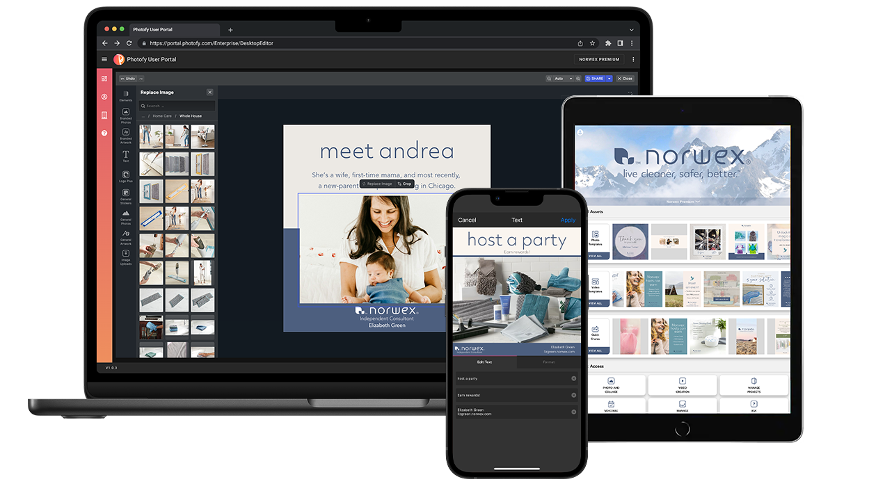 Photofy app on mobile and tablet for Norwex consultants, featuring easy content creation with exclusive desktop editing access for Photofy Norwex Premium subscribers.